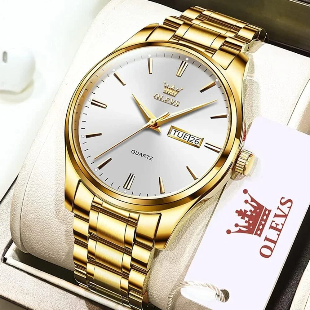 Olevs Men's Gold Steel White Stainless Steel Man Watch Luminous Stylish Watch